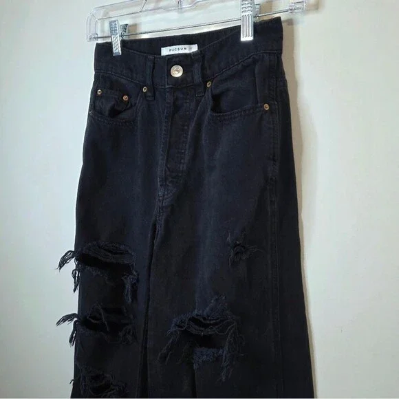 PacSun Black Eco Distressed High Waisted Baggy Jeans Grunge Rocker Size 23 - Picture 10 of 12